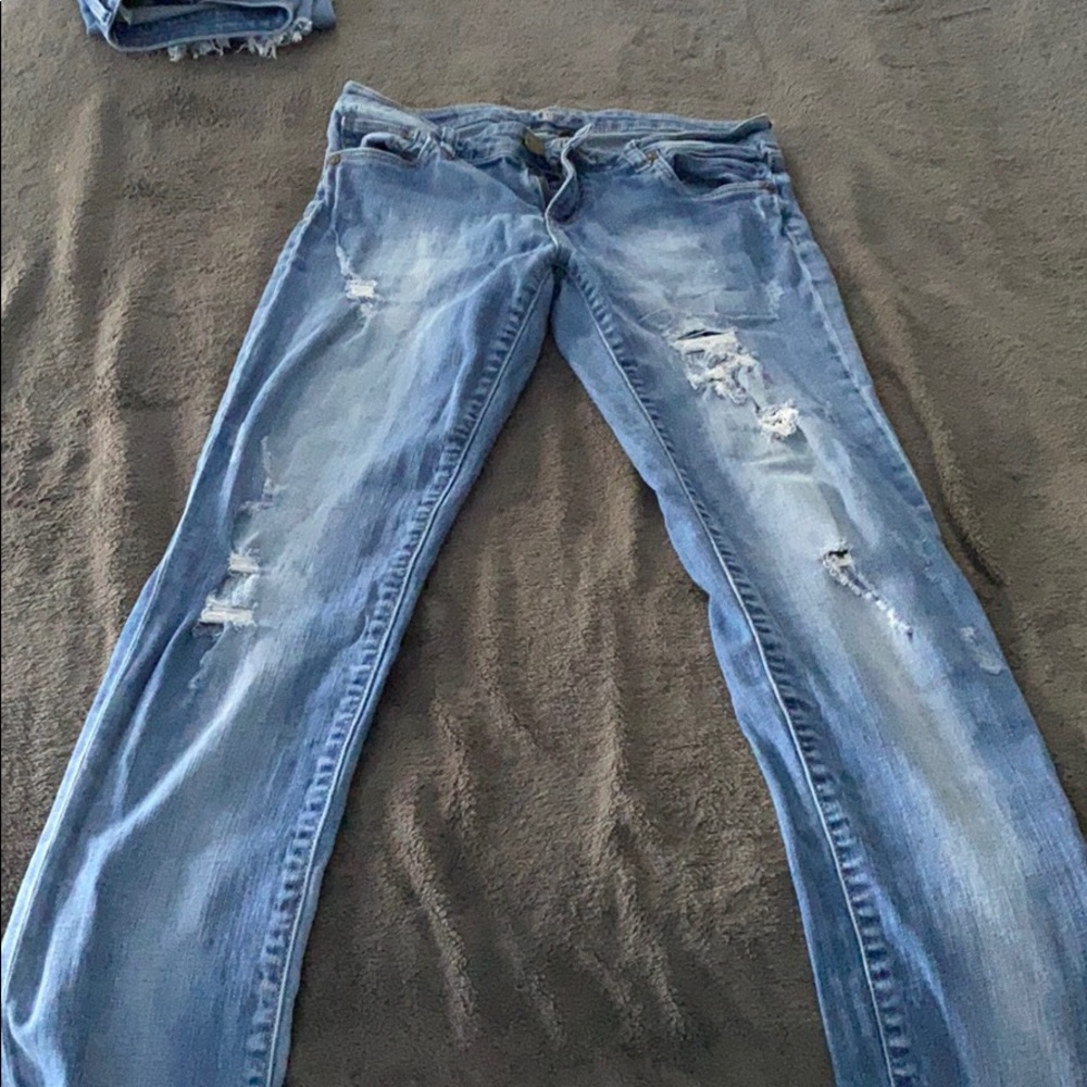 Destroyed, straight leg jeans